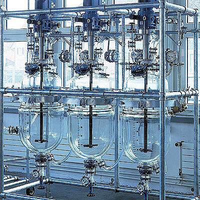 Jacketed glass reactors 3x50 liter for API production