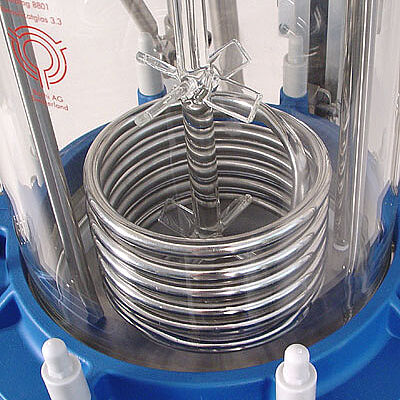 Glass stirrers and internal cooling coil