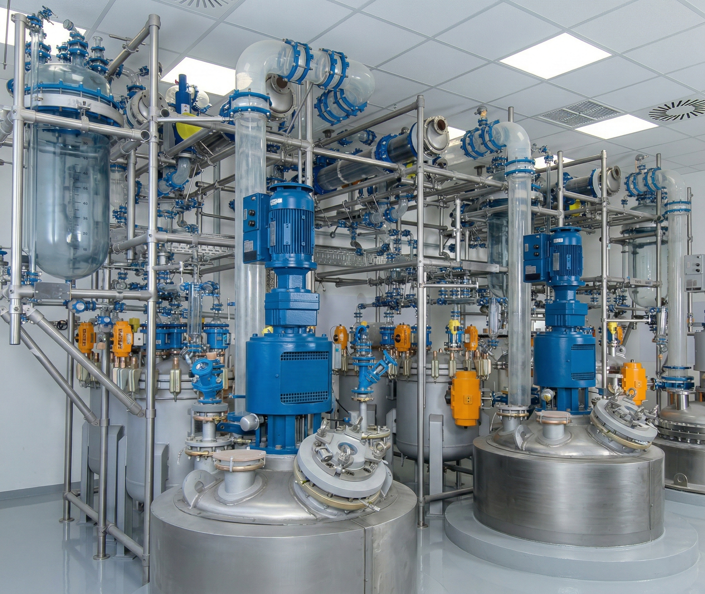 cGMP facility for API production with DIN glass lined reactors and glass distillation overhead