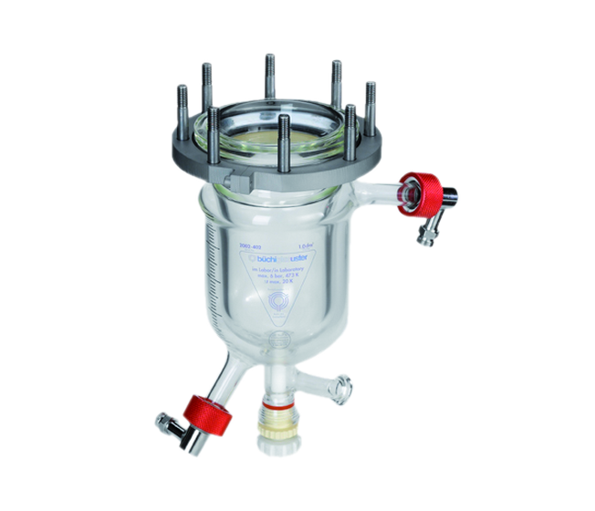 Pressurized glass vessel with drain valve and heating jacket