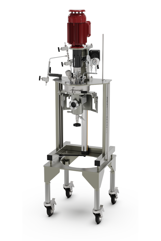 versoclave® stirred lab pressure reactor in ATEX version, equipped with trolley and lift for enhanced flexibility, ergonomic vessel handling, and fast action closure.