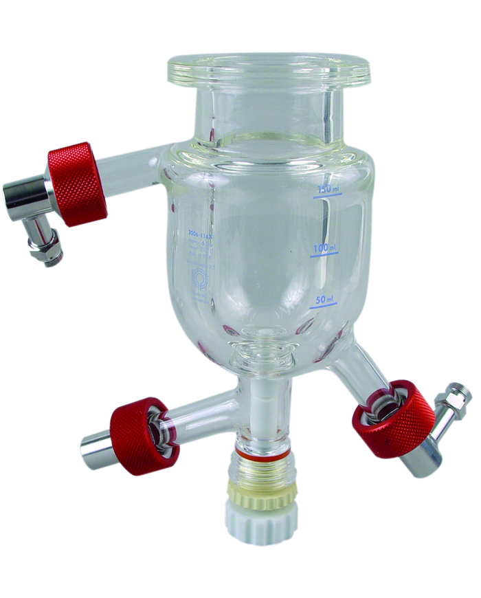 Pressure glass vessel with bottom valve